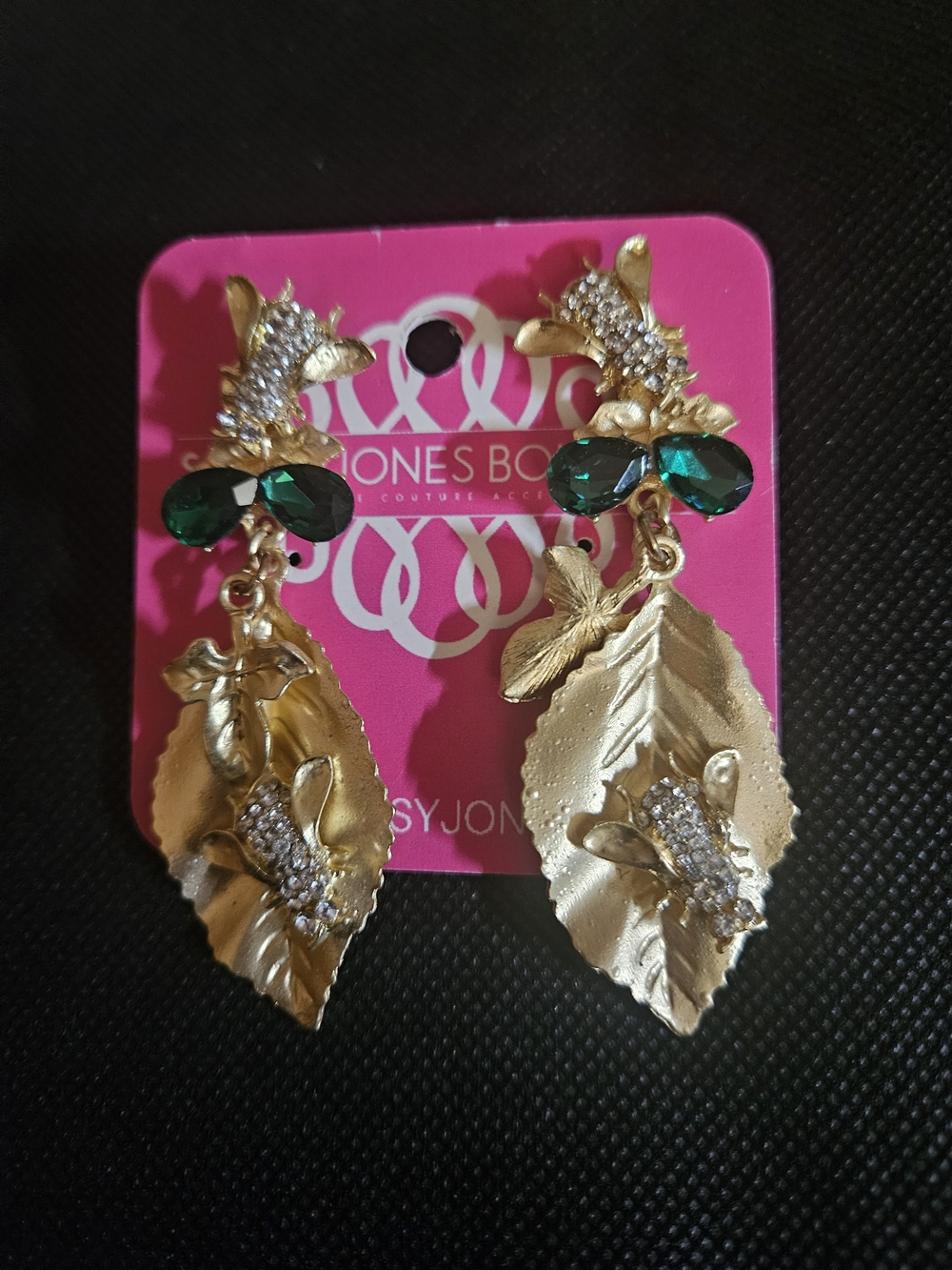 SASSY JONES - Gold Leaf Drop Dangle Earrings with Emerald Stones